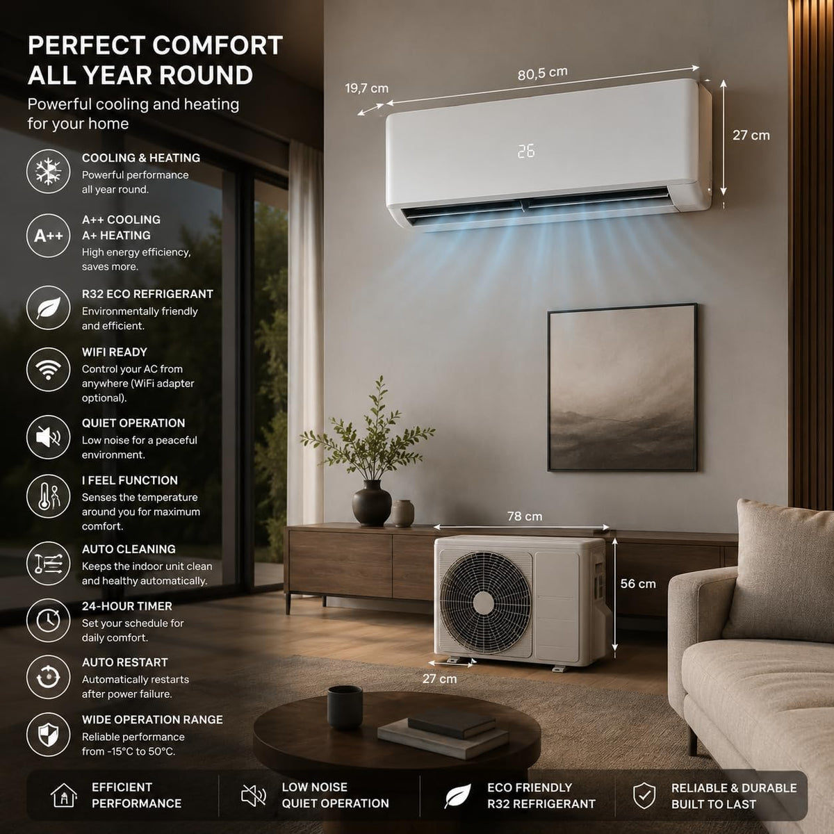 12000 BTU Wall Mounted Split Air Conditioner, 5-in-1 Cooling, Heating, Dehumidifier, Air Purifier & Fan, 3.5kW Heat Pump, Remote & App Control