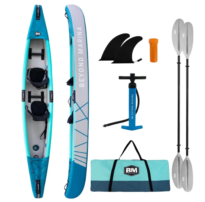 BEYOND MARINA Inflatable Kayak 2 Person Adult- Drop Stitch Tandem Kayak | with Aluminum Paddles, Seats, Footrests, Pump, Fins, Explorer 13'10"