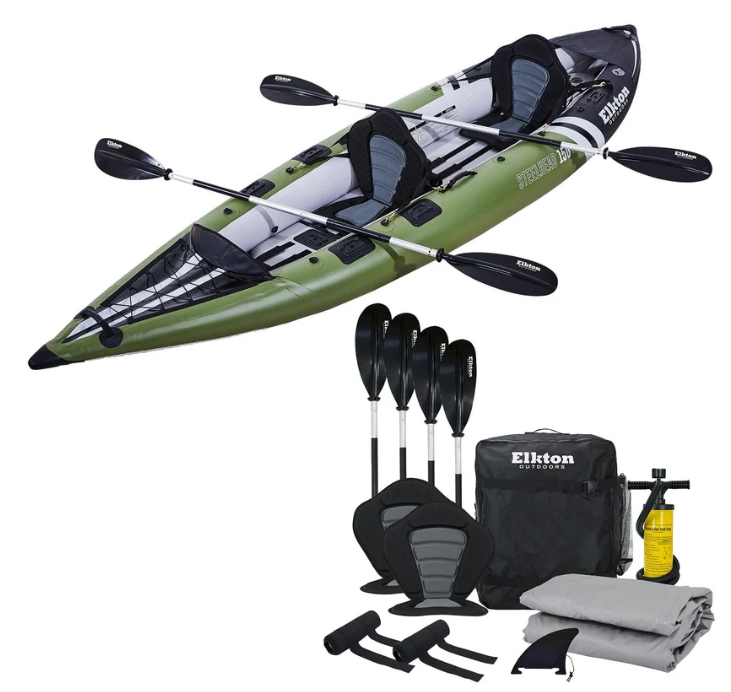 Elkton Outdoors Steelhead Inflatable Fishing Kayak - Two-Person Angler Blow Up Kayak, Includes Paddles, Seats, Hard Mounting Points, Bungee Storage, Rigid Dropstitch Floor and Spray Guard