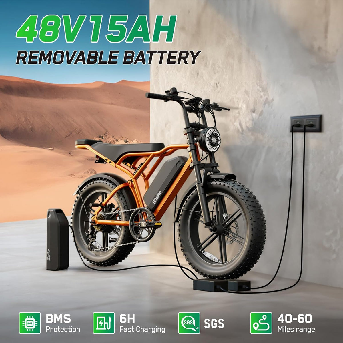 20" Fat Tyre Electric Bike with 1500W Peak Motor, 48V 15Ah Removable Battery & Dual Suspension