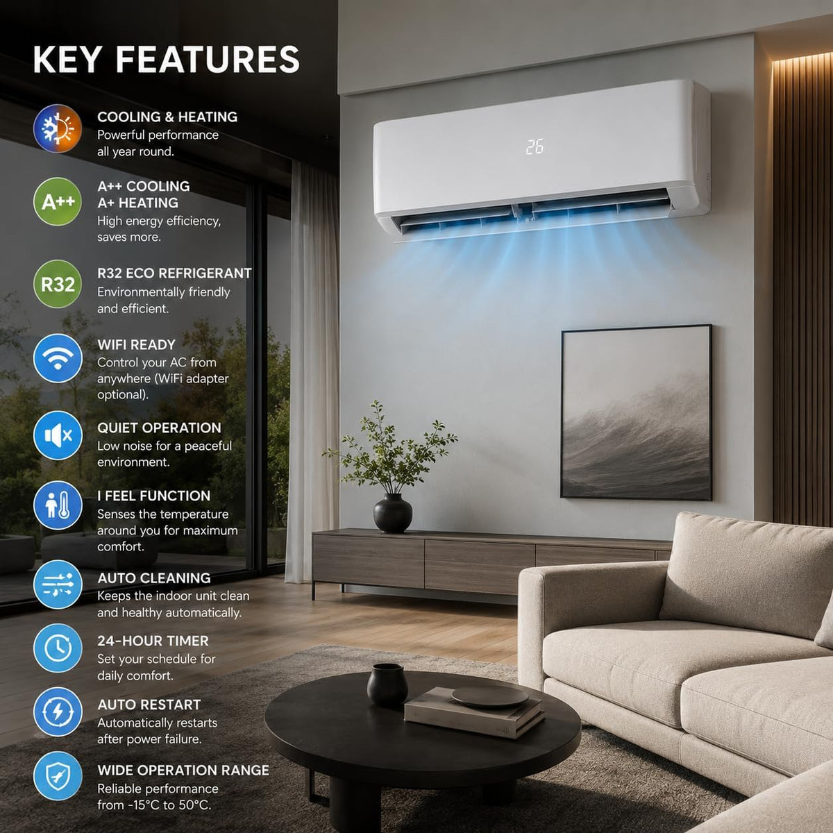 12000 BTU Wall Mounted Split Air Conditioner, 5-in-1 Cooling, Heating, Dehumidifier, Air Purifier & Fan, 3.5kW Heat Pump, Remote & App Control