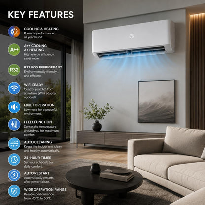 12000 BTU Wall Mounted Split Air Conditioner, 5-in-1 Cooling, Heating, Dehumidifier, Air Purifier & Fan, 3.5kW Heat Pump, Remote & App Control