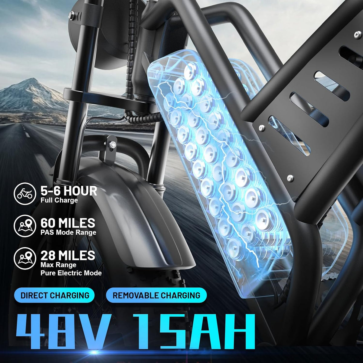 20" Fat Tyre Electric Mountain Bike with 1500W Peak Motor, 48V 15Ah Removable Battery