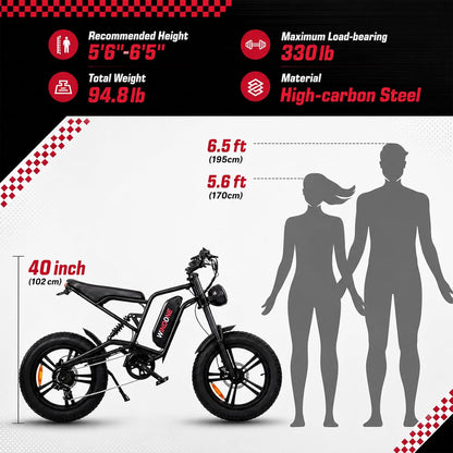 26" Fat Tyre Electric Bike with 1000W Peak Brushless Motor, 48V 13Ah Removable Battery