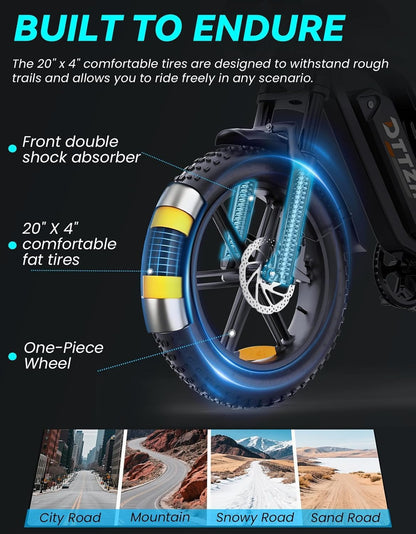 20" Fat Tire Electric Bike with 2500W Motor, 60V 30Ah Battery, Full Suspension, Hydraulic Disc Brakes