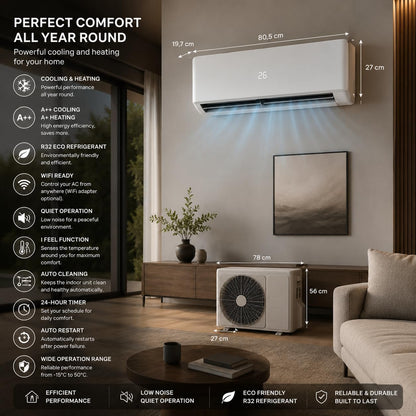12000 BTU Wall Mounted Split Air Conditioner, 5-in-1 Cooling, Heating, Dehumidifier, Air Purifier & Fan, 3.5kW Heat Pump, Remote & App Control