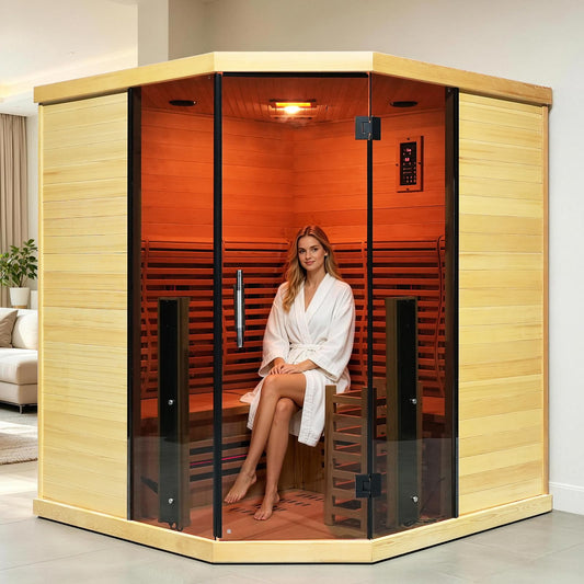 Corner Hybrid Sauna 3 Person, Indoor Infrared Steam Sauna, Canadian Hemlock