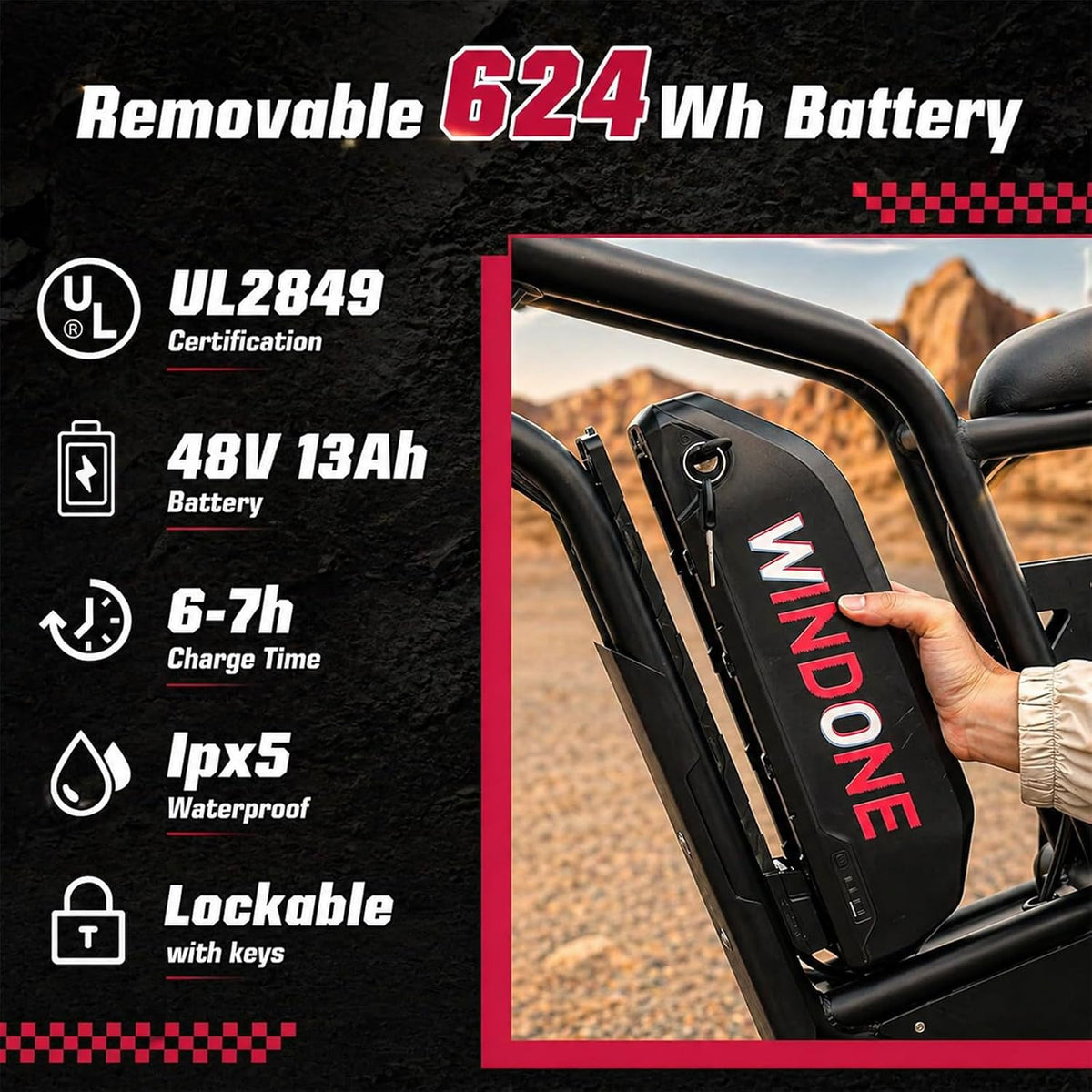 26" Fat Tyre Electric Bike with 1000W Peak Brushless Motor, 48V 13Ah Removable Battery