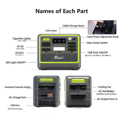 FOSSiBOT F2400 Portable Power Station Update Lightweight, silent, and efficient UPS with 2048Wh LiFePO4,3 x 240V AC Outputs 2400W,100W USB-C Output