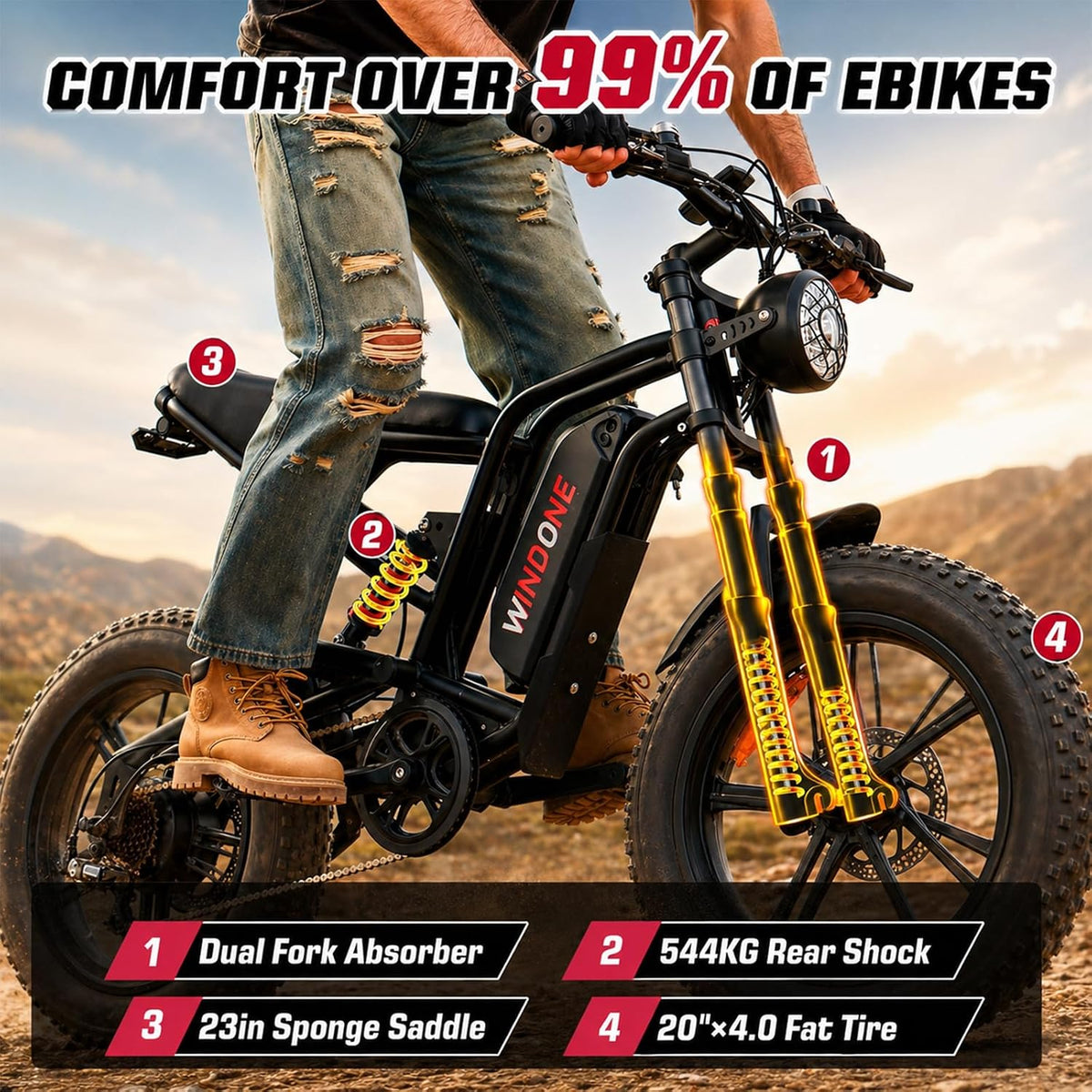 26" Fat Tyre Electric Bike with 1000W Peak Brushless Motor, 48V 13Ah Removable Battery