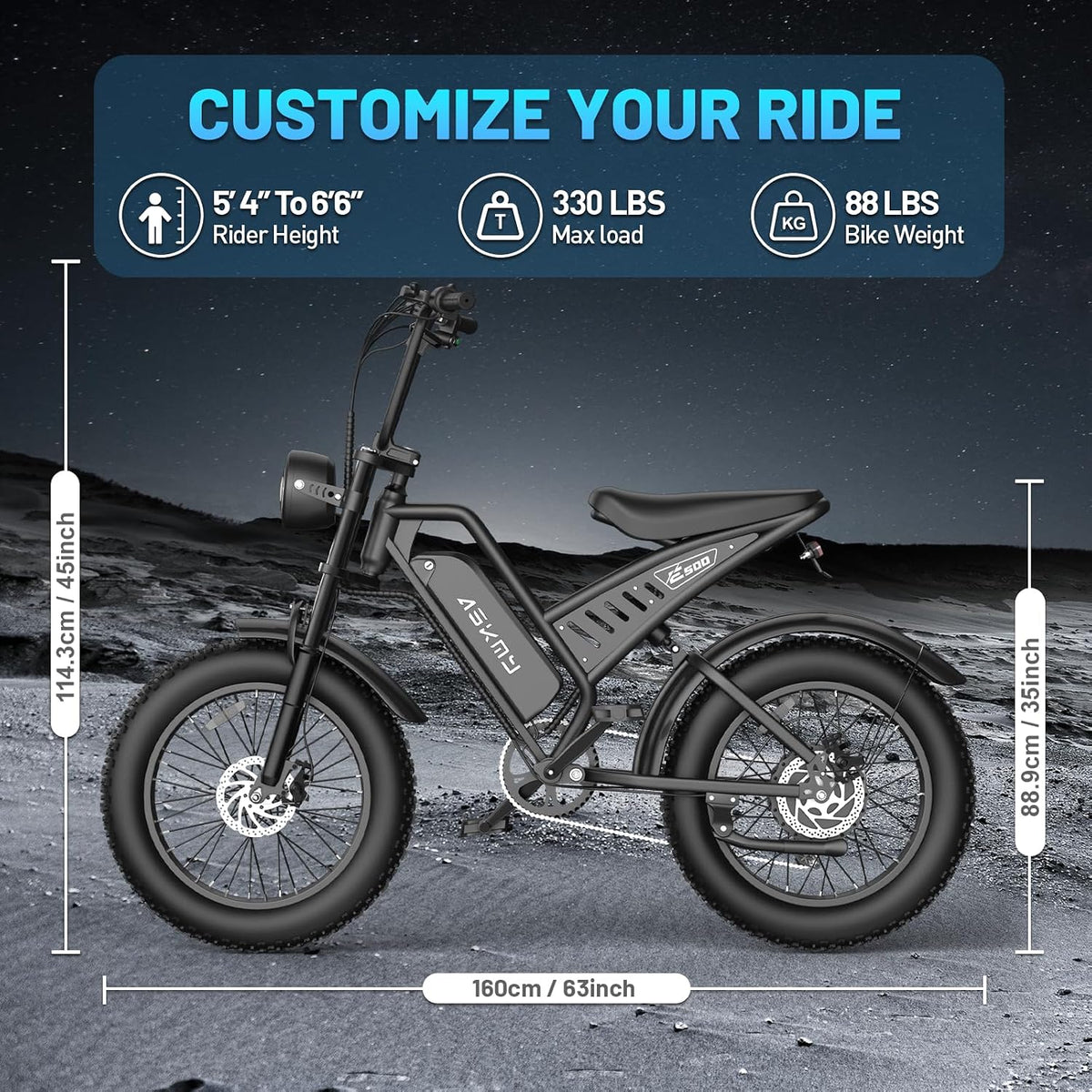 20" Fat Tyre Electric Mountain Bike with 1500W Peak Motor, 48V 15Ah Removable Battery