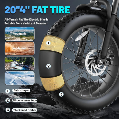 20" Fat Tyre Electric Mountain Bike with 1500W Peak Motor, 48V 15Ah Removable Battery