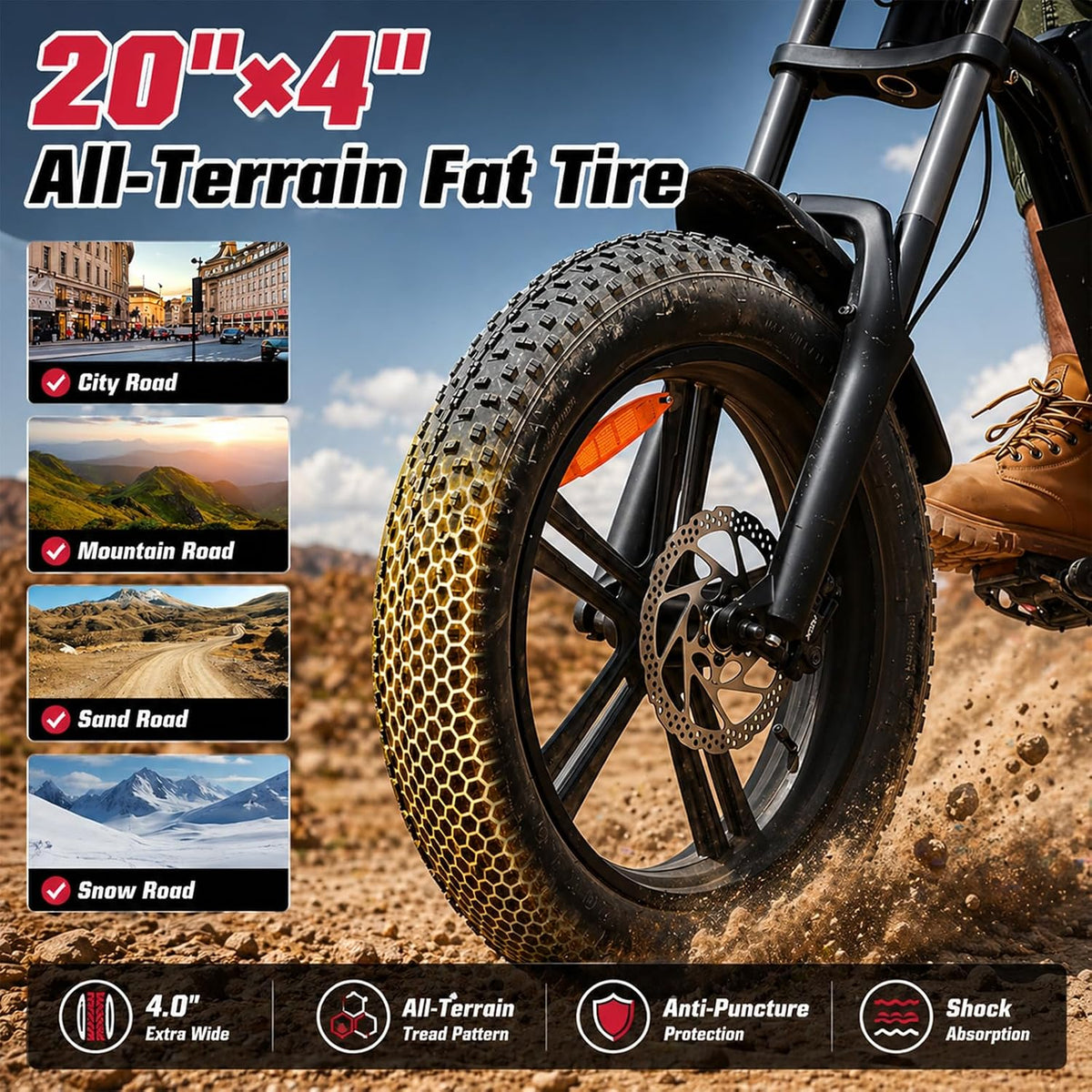 26" Fat Tyre Electric Bike with 1000W Peak Brushless Motor, 48V 13Ah Removable Battery