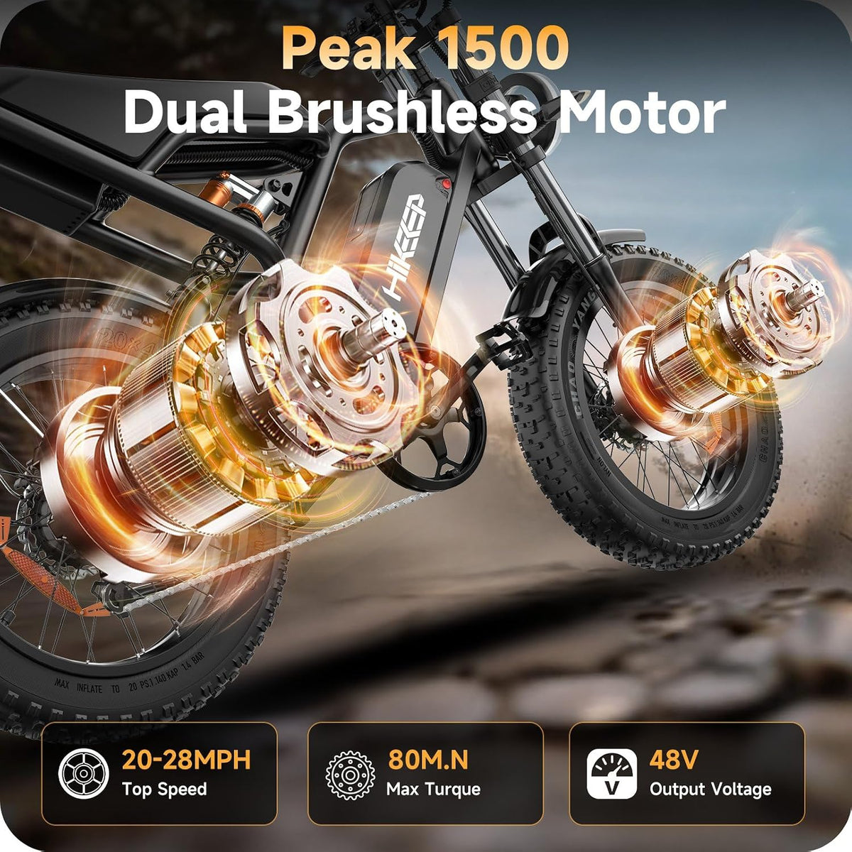 20" Fat Tyre Electric Bike with Dual 1500W Peak Motors, 48V 25Ah Removable Battery & Dual Suspension