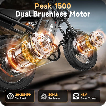20" Fat Tyre Electric Bike with Dual 1500W Peak Motors, 48V 25Ah Removable Battery & Dual Suspension