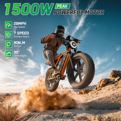20" Fat Tyre Electric Bike with 1500W Peak Motor, 48V 15Ah Removable Battery & Dual Suspension