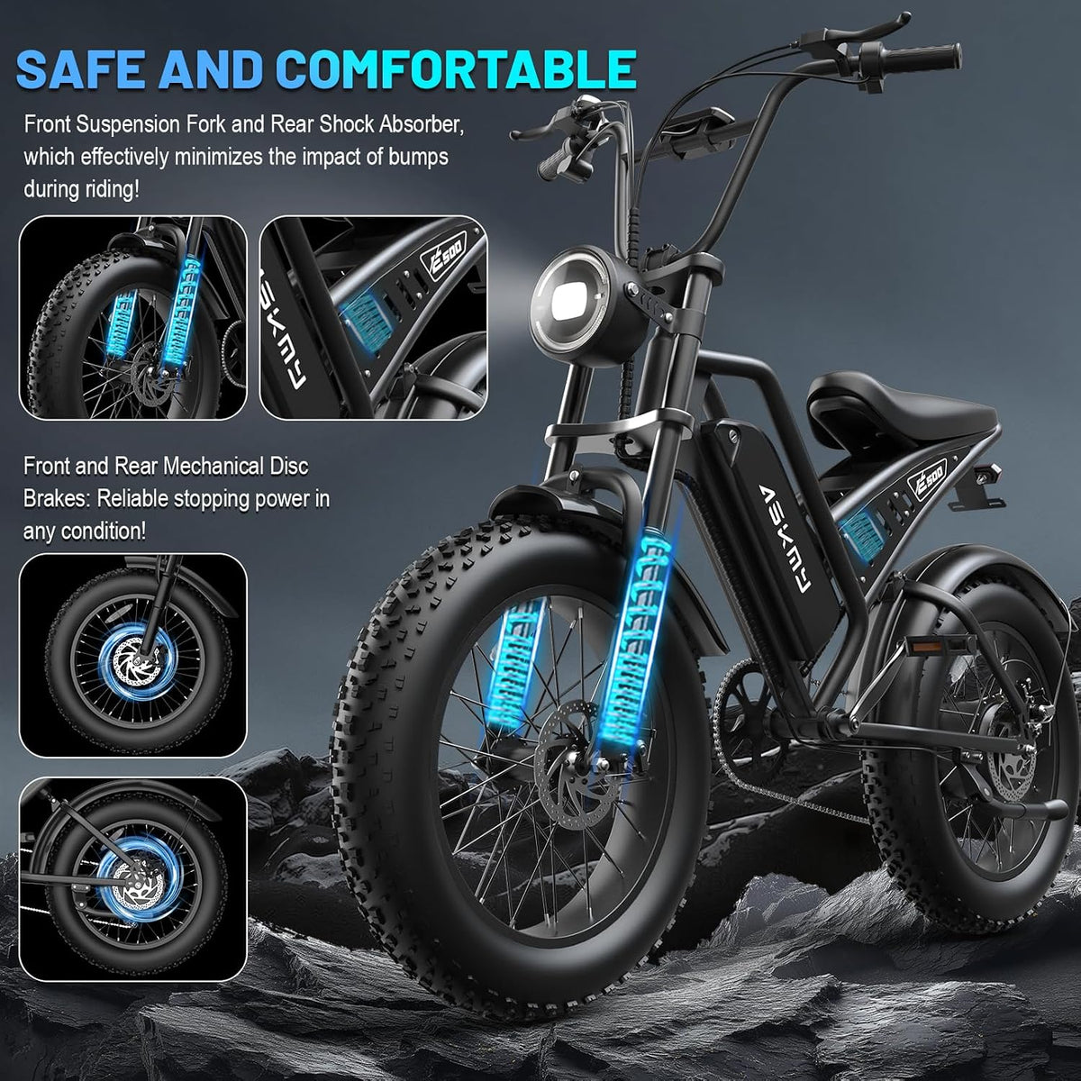 20" Fat Tyre Electric Mountain Bike with 1500W Peak Motor, 48V 15Ah Removable Battery