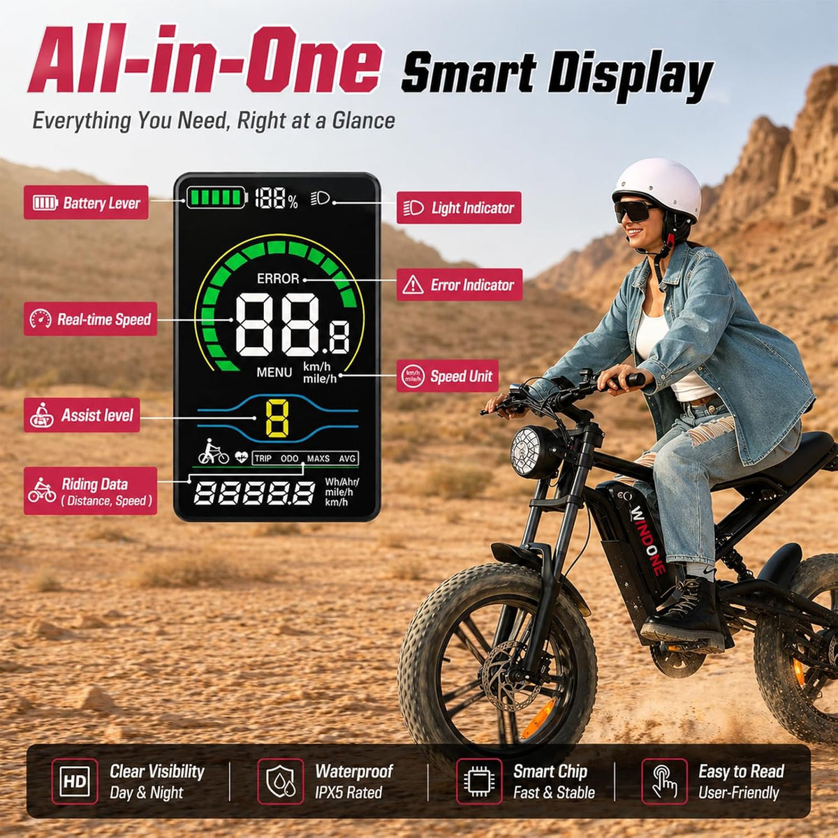 26" Fat Tyre Electric Bike with 1000W Peak Brushless Motor, 48V 13Ah Removable Battery