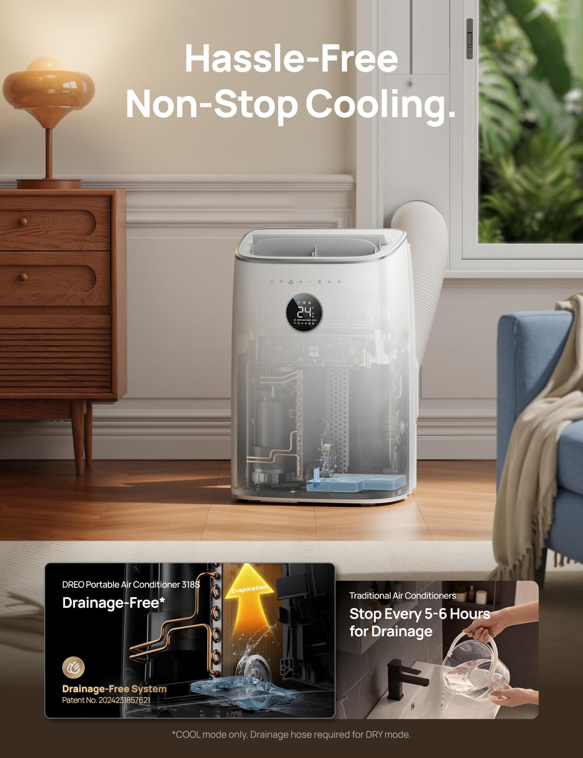 DREO 7500 BTU Portable Air Conditioner, 3-in-1 Cool/Fan/Dry Quiet AC Unit for Bedroom/Office, Smart App/Voice/Remote Control, Drainage-Free