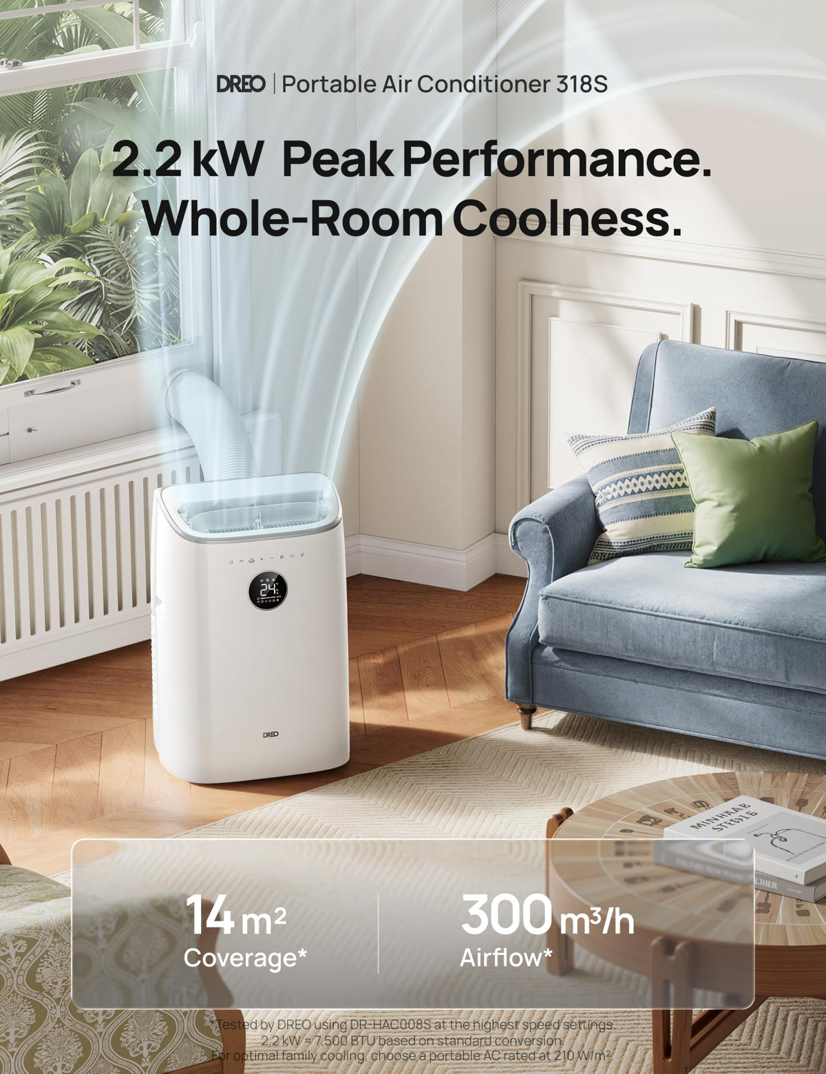 DREO 7500 BTU Portable Air Conditioner, 3-in-1 Cool/Fan/Dry Quiet AC Unit for Bedroom/Office, Smart App/Voice/Remote Control, Drainage-Free