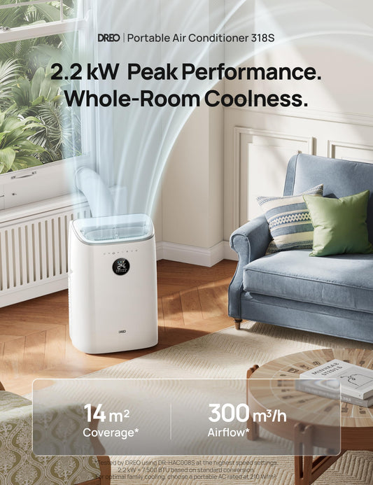 DREO 7500 BTU Portable Air Conditioner, 3-in-1 Cool/Fan/Dry Quiet AC Unit for Bedroom/Office, Smart App/Voice/Remote Control, Drainage-Free