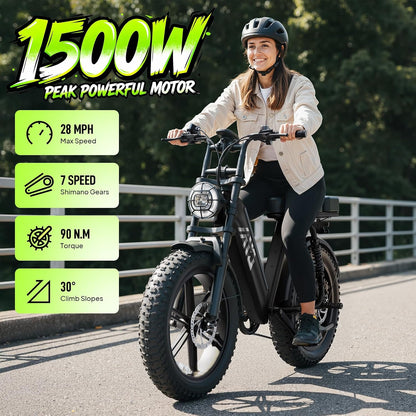 20" Fat Tyre Electric Bike with 1500W Peak Motor, 48V 15Ah Removable Battery & Full Suspension