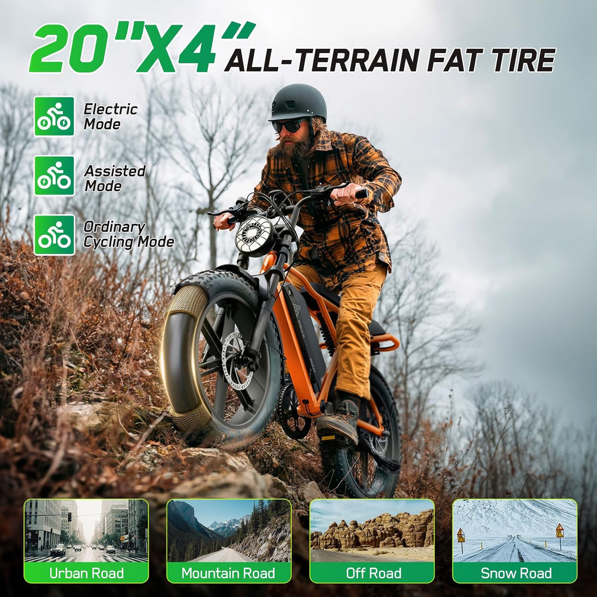 20" Fat Tyre Electric Bike with 1500W Peak Motor, 48V 15Ah Removable Battery & Dual Suspension