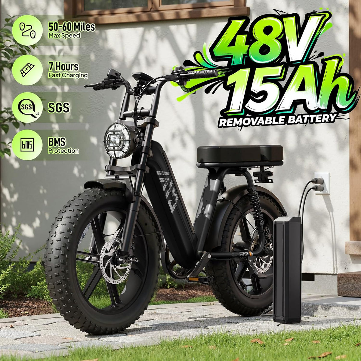 20" Fat Tyre Electric Bike with 1500W Peak Motor, 48V 15Ah Removable Battery & Full Suspension