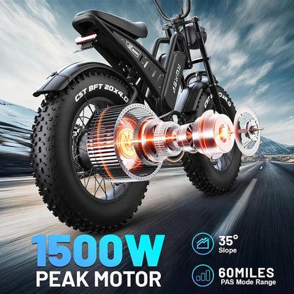20" Fat Tyre Electric Mountain Bike with 1500W Peak Motor, 48V 15Ah Removable Battery