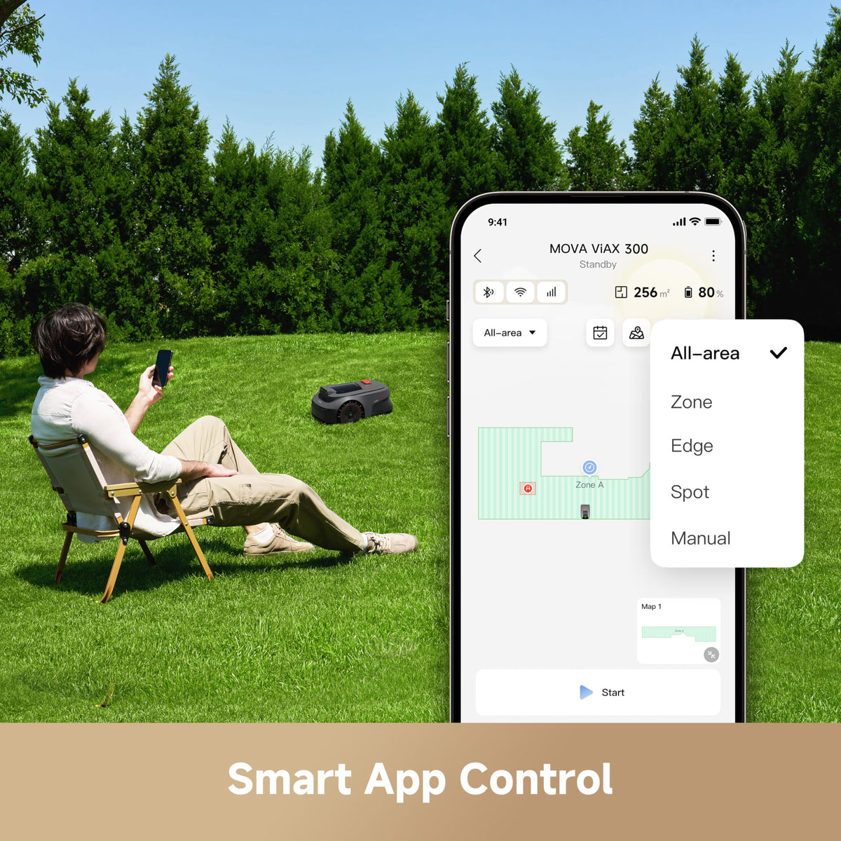 MOVA ViAX 300 Robot Lawnmower without Boundary, Recommended 300 m2, AI-Assisted Auto Mapping, U-Shape Path Planning, Dual-Vision Obstacle Avoidance