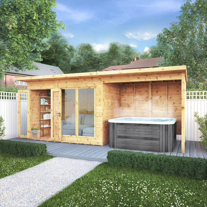 WALTONS 18x6 Maine Summerhouse | Pent Roof | Shiplap Tongue and Groove | Wooden Garden Room Log Cabin | Garden Storage Shed Summer House + Patio Area