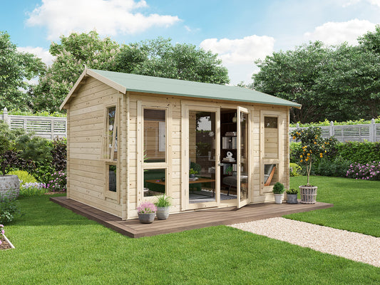 BillyOh Darcy 12x10 Log Cabin Summer House Shed with 19mm Wall Logs Thickness, Modern Apex Roof, Pressure Treated Wood & Shatterproof Windows