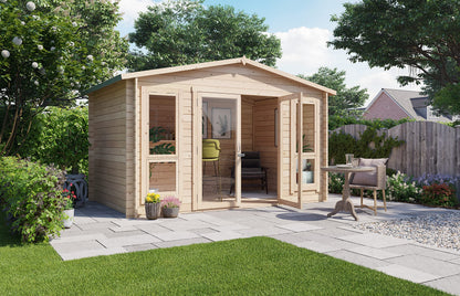 BillyOh Sasha 12 x 8 Log Cabin Summer House Shed – Wooden Garden Room with Apex Roof, Double Doors, Floor, Roof & Felt | Outdoor Office, Home Studio
