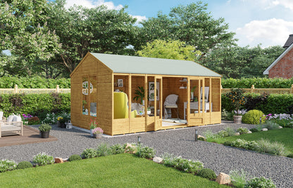 BillyOh Petra 16x10 Reverse Apex Summer House Shed, Log Cabin | Wooden Garden Room with Wide Double Doors, Tear Resistant Felt, Tongue and Groove