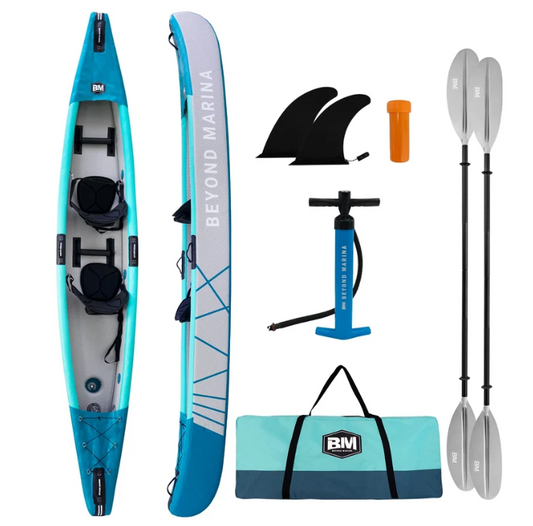 BEYOND MARINA Inflatable Kayak 2 Person Adult- Drop Stitch Tandem Kayak | with Aluminum Paddles, Seats, Footrests, Pump, Fins, Explorer 13'10"