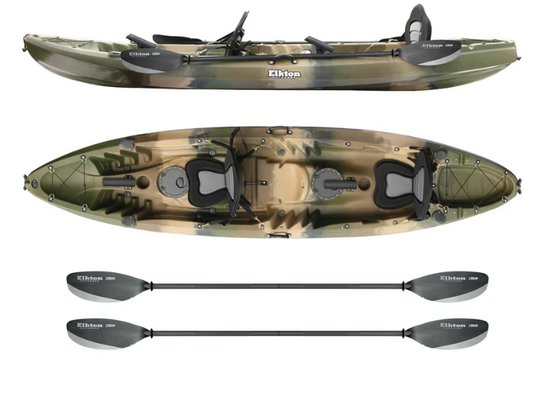Elkton Outdoors Hard Shell Recreational Tandem Kayak, 2 or 3 Person Sit On Top Kayak Package with 2 EVA Padded Seats, Includes 2 Aluminum Paddles and Fishing Rod Holders (Camo)